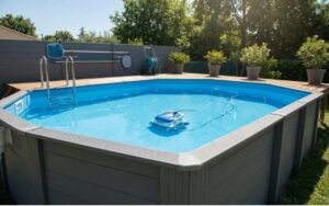 A robotic pool cleaner being properly used in an above ground pool to support equipment longevity